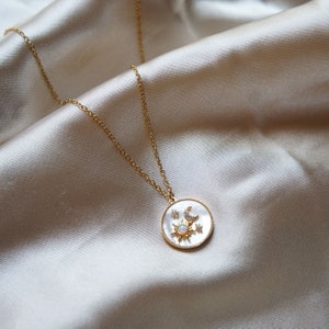 Celestial Necklace: 14k Gold Sun, Moon, Opal & Pearl Charm