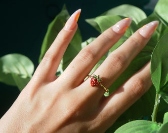 Strawberry Ring Adjustable Gold Ring Cute Jewelry Adorable Strawberry Ring Gift for Her Cottagecore Jewelry Fairy Ring Fairy Jewelry Gold