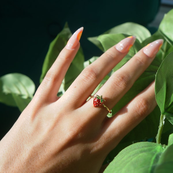 Strawberry Ring Adjustable Gold Ring Cute Jewelry Adorable Strawberry Ring Gift for Her Cottagecore Jewelry Fairy Ring Fairy Jewelry Gold