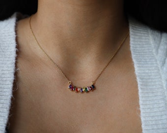 18K Gold Colorful Bar Necklace – Cubic Zirconia Charm, Layering Jewelry