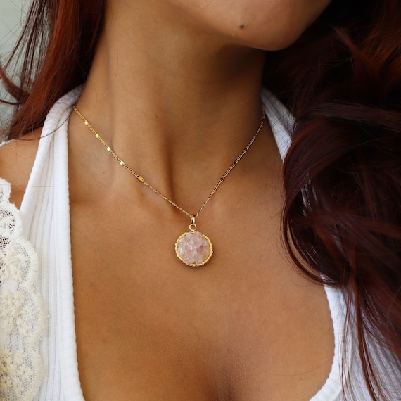 Rose Quartz Cluster Necklace – 18K Gold Tumbled Charm, Self Love Jewelry