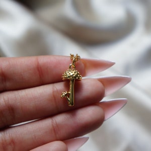 Puede incluir: Un collar con colgante de hongo dorado. El colgante presenta un dise&ntilde;o de hongo detallado con un sombrero y un tallo texturizados. El collar est&aacute; en una cadena delicada, perfecto para el uso diario. El colgante de hongo es un accesorio caprichoso e inspirado en la naturaleza.