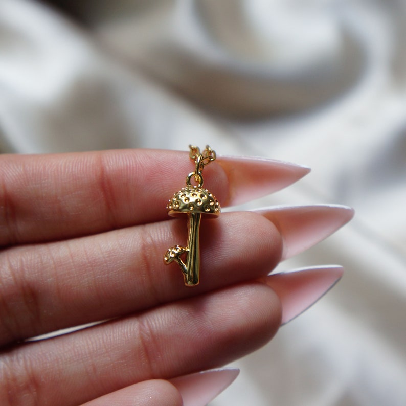 Puede incluir: Un collar con colgante de hongo dorado. El colgante presenta un dise&ntilde;o de hongo detallado con un sombrero y un tallo texturizados. El collar est&aacute; en una cadena delicada, perfecto para el uso diario. El colgante de hongo es un accesorio caprichoso e inspirado en la naturaleza.