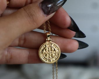 St. Benedict Medallion Necklace: 16K Gold Plated Catholic Jewelry