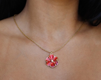 Red Flower Necklace, Statement Jewelry for Her, Elegant Layering Necklace, Vintage Inspired Accessory
