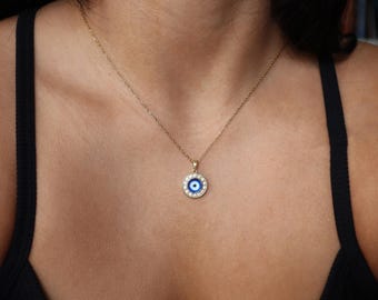 Sparkly Evil Eye Necklace, 18K Gold Plated Cubic Charm, Turkish Spiritual Jewelry