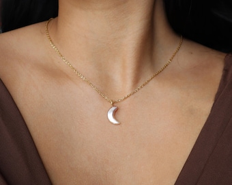 Gold Crescent Moon Necklace - Freshwater Pearl, Celestial, Dainty Jewelry for Her, Natural Gemstone