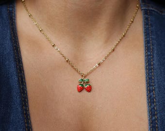 Double Strawberry Necklace: 24K Gold Plated Fruit Charm