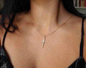 18K Gold Plated Sword Necklace, Cubic Zirconia Charm, Fantasy Jewelry