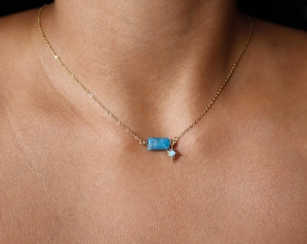 Dainty Blue Apatite Necklace - Opal Necklace, Natural Gemstone Jewelry, Statement, Layering