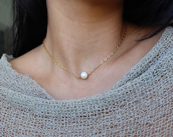 Freshwater Pearl Gold Paperclip Chain Necklace: Dainty Bridesmaid Jewelry
