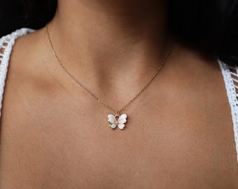 Pink Butterfly Necklace: 18K Gold Plated Charm, Coquette Jewelry