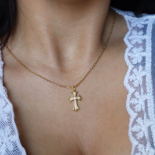 Vintage Style Cross Necklace, Cross Jewelry, Maximalist Necklace, Religious Jewelry, Gift for Her, Christmas Gift, Spiritual Accessories