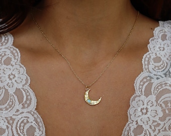 Opal Crescent Moon Necklace - Celestial Jewelry - Opal Necklace - Gift for Her - Crescent Moon Jewelry - Spiritual Jewelry - Layering
