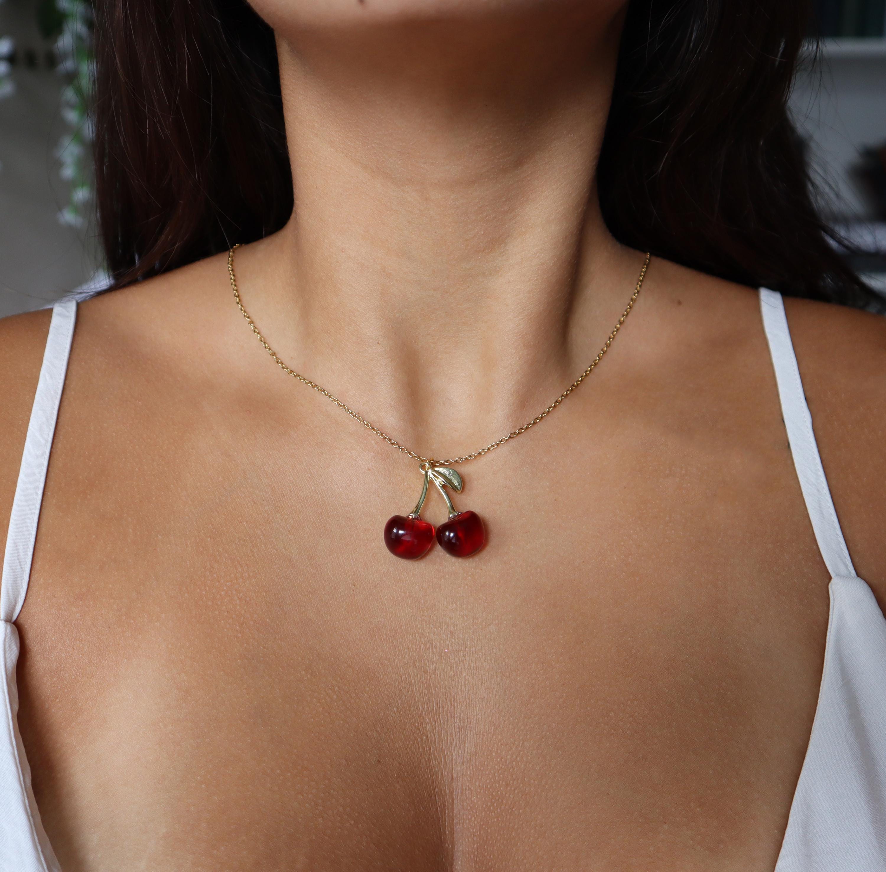 Cherry Necklace, Large Cherry Jewelry, Aesthetic Jewelry for Her, Christmas Gift, Cherry Accessories, Statement Necklace, Maximalist