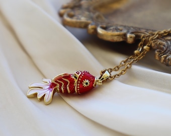 Red Koi Fish Necklace - 24K Gold Jewelry, Trendy Fish Jewelry, Maximalist