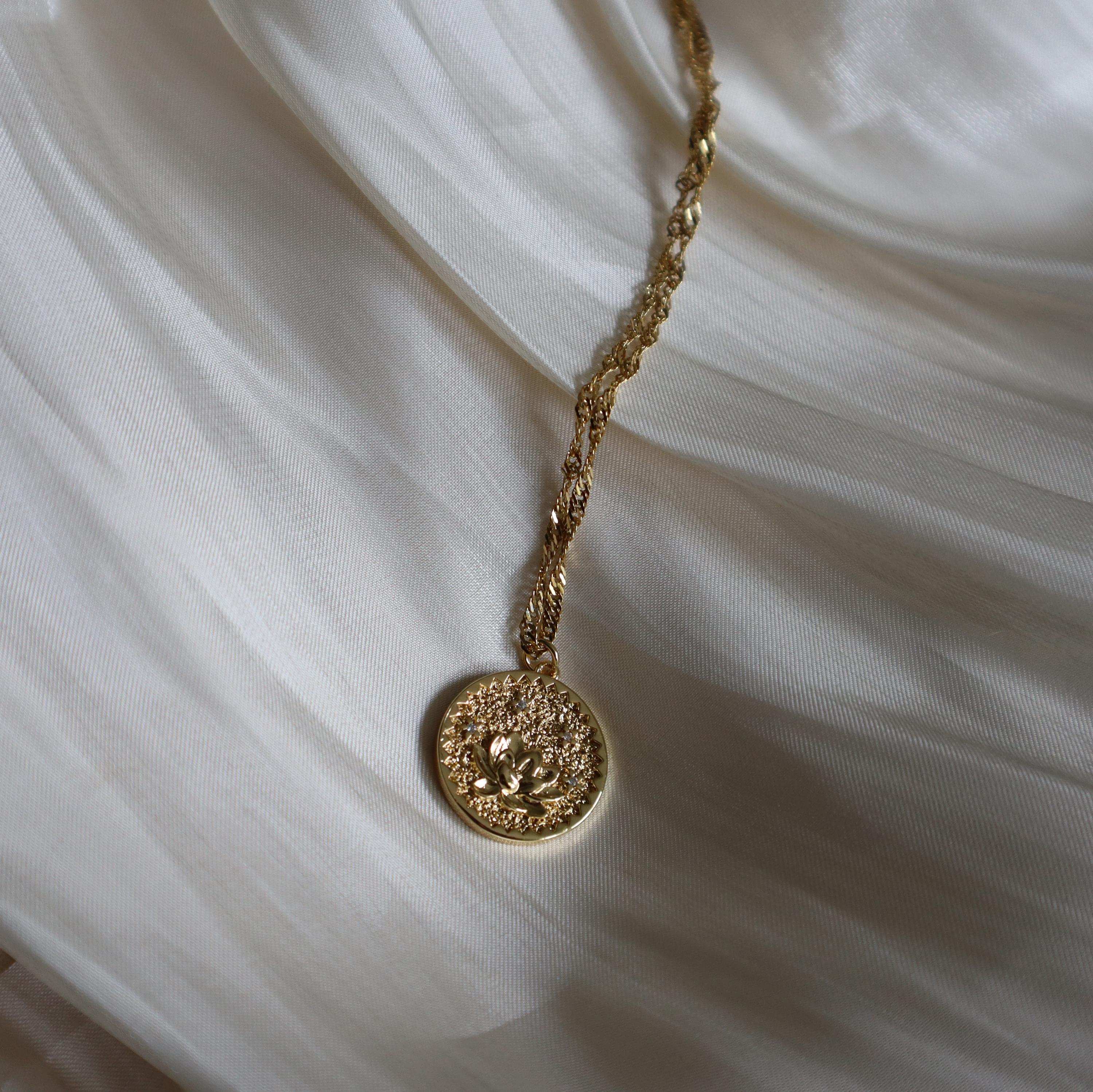Gold Lotus Medallion Necklace with Cubic Zirconia Charm - Layering Jewelry