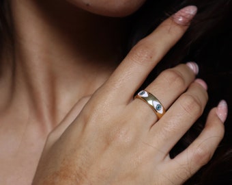 16K Gold Enamel Evil Eye Ring – Adjustable Wide Band Stackable Jewelry