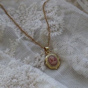 Dainty Pink Cameo Necklace, Coquette Aesthetic Necklace, Gold Layering Necklace, Pink Jewelry for Her, Vintage Necklace, Victorian Jewelry