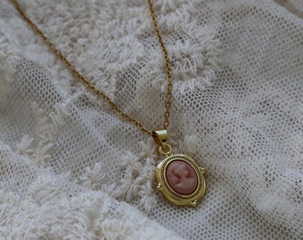 Dainty Pink Cameo Necklace, Coquette Aesthetic Necklace, Gold Layering Necklace, Pink Jewelry for Her, Vintage Necklace, Victorian Jewelry