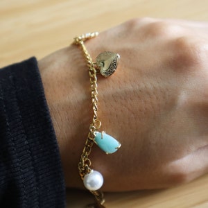 Celestial Charm Bracelet, Natural Gemstone Bracelet, Opal Bracelet, Pearl Bracelet, Chunky Charm Bracelet, Curb Chain Bracelet, Gift for Her image 5