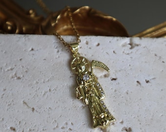 Santa Muerte Necklace: 18K Gold Plated Grim Reaper Jewelry