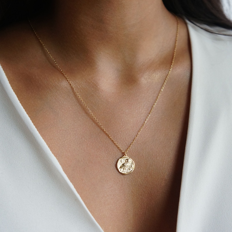 Athena Necklace Gold Coin Necklace Owl Charm Necklace Wax Seal Necklace Gold Charm Necklace Minimalist Jewelry Gold Jewelry Gift for Her image 1