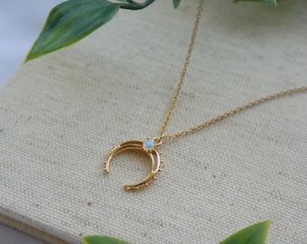Gold Crescent Moon Necklace with Opal Charm – Celestial Jewelry