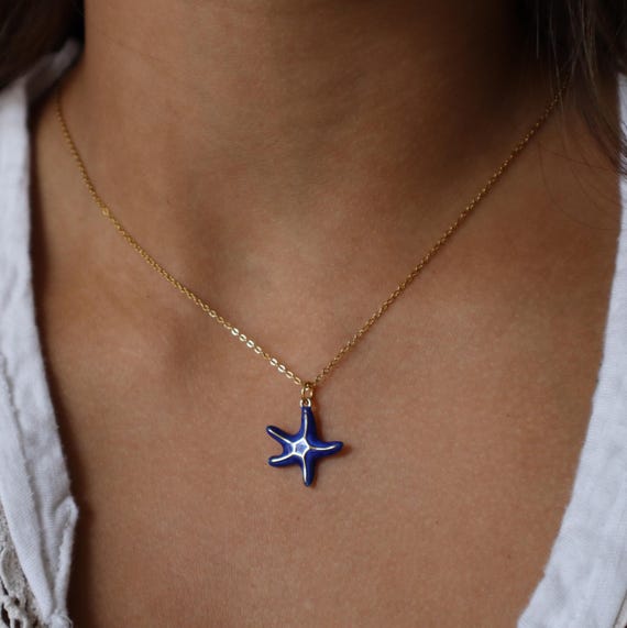 Blue Enamel Starfish Necklace – 14K Gold, Layering Chain