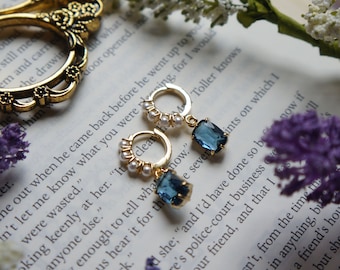 Pearl Hoop Earrings: Blue Crystal Dangle, 14k Gold Plated
