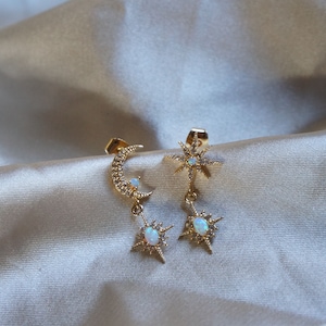 Gold Star and Moon Opal Drop Earrings: Celestial Jewelry Set