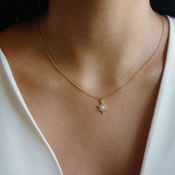 Dainty Opal Sun Necklace Gold Charm Necklace Sun Necklace Elegant Minimalist Jewelry Cubic Zirconia Necklace Gift for Her Bestfriend Gift