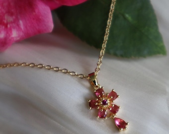 18K Gold Plated Hibiscus Necklace, Pink Flower Pendant, Summer Jewelry, Cubic Zirconia Charm