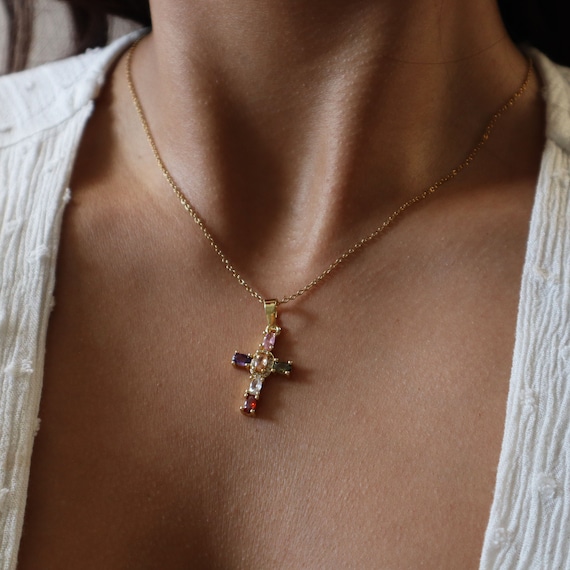 Multicolored Cross Necklace - Jewelry for Maximalists - Cross Jewelry - Catholic Jewelry - Gift for Her - Religious Necklace - Dainty