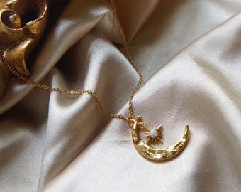 14K Gold Crescent Moon Opal Necklace – Celestial Charm Jewelry