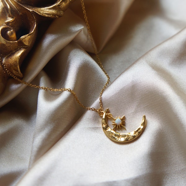 14K Gold Crescent Moon Opal Necklace – Celestial Charm Jewelry