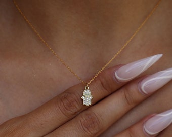 Tiny Hamsa Necklace with Opal and Cubic Zirconia – 16K Gold Protection Jewelry