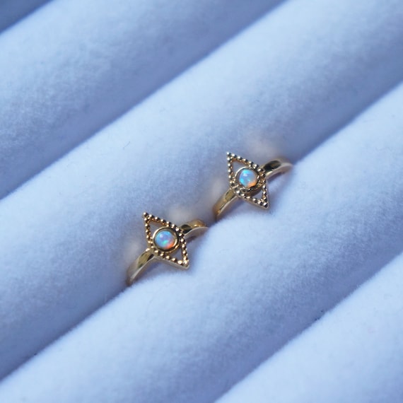 Tiny Opal Evil Eye Huggie Earrings – 14k Gold Hoops