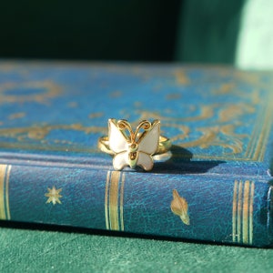 White Butterfly Ring Adjustable Gold Ring Enamel Ring Cottagecore Jewelry Fairy Inspired Statement Ring Gift for Her Cute Ring Fairycore