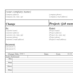 Può includere: Un modulo di ordine di modifica vuoto con sezioni per le informazioni del cliente e del progetto, le attività svolte, i materiali e i fornitori, la manodopera e i costi. Il modulo include campi per le date, le quantità, le unità e i totali delle righe.