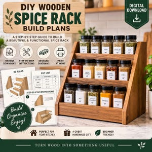 以下が含まれることがあります： 3段の木製スパイスラックのDIY組み立て図面のデジタルダウンロード。15個のガラス製スパイス瓶が並んでいます。画像にはテキスト、図面、カットリスト、ラックを組み立てるためのステップバイステップの指示が含まれています。
