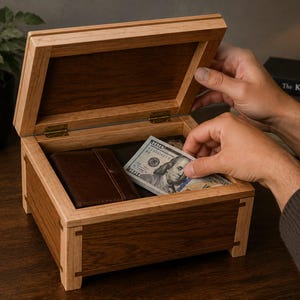 May include: A rectangular wooden box with a hinged lid, featuring light-coloured wood trim and darker wood panels. Inside the box, a brown leather wallet and a stack of one hundred dollar bills are visible, with the lid held open by a hand.