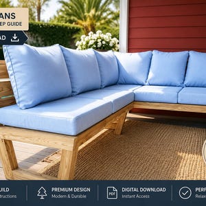 May include: An L-shaped outdoor sectional sofa constructed from light-toned wood with thick, light blue cushions. The image includes text overlays stating DIY PLANS, STEP-BY-STEP GUIDE, PDF DOWNLOAD, and BUILD IT YOURSELF SAVE MONEY.