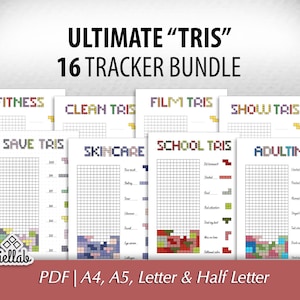 Op de afbeelding: Een bundel van 16 afdrukbare trackerpagina's met de titel "Ultimate 'Tris'" en categorieën zoals Fitness en Huidverzorging. Elke pagina heeft een raster voor tracking en Tetris-achtige graphics. Beschikbaar in PDF-formaat.