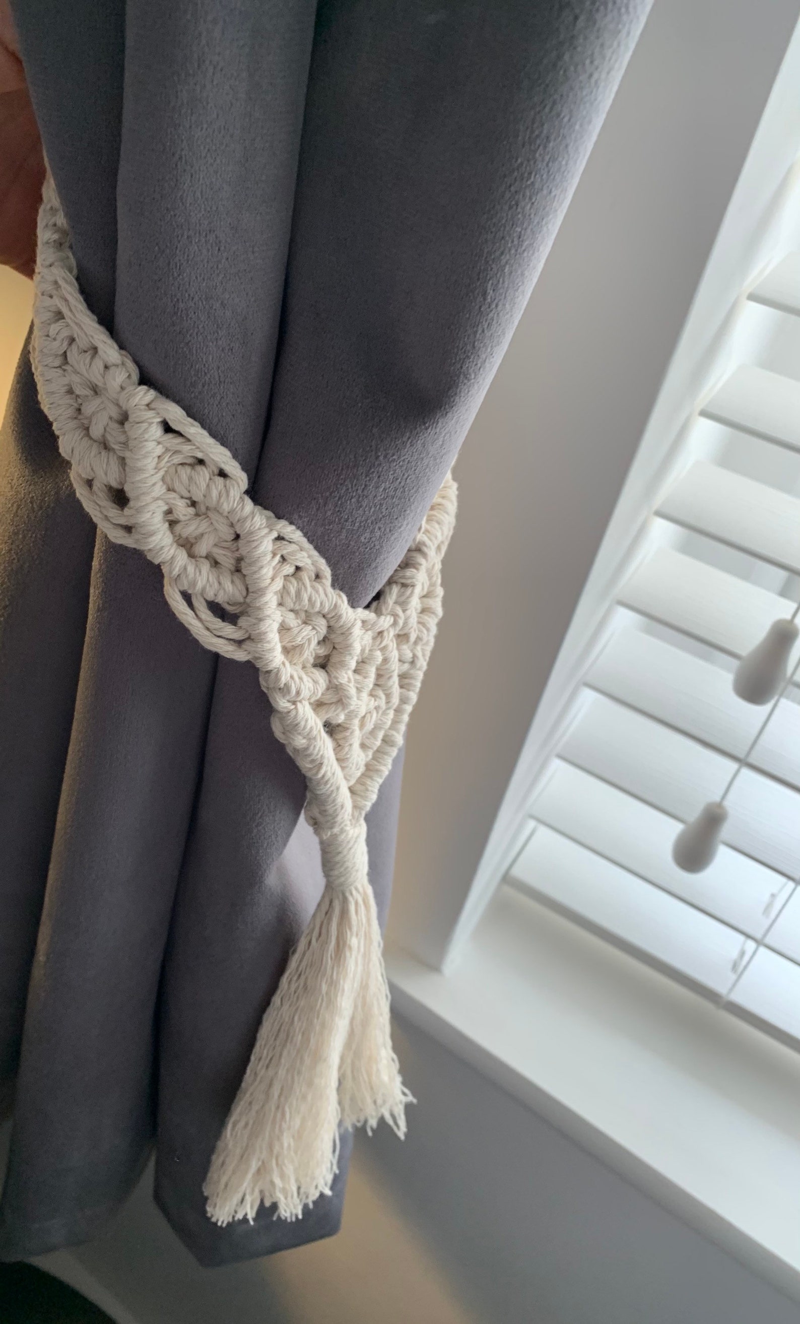 Macrame curtain tie backs v shaped with tassel pair Etsy