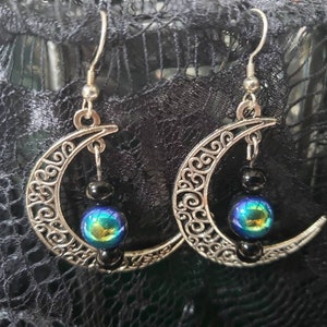Onyx Silver Crescent Moon Earrings | unique gift | french wires | celtic druid | witch wiccan pagan | ceremonial attire