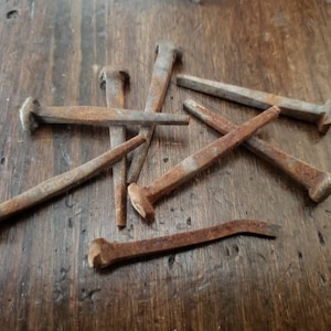 May include: A group of rusty metal nails, some with square heads, some with round heads, lying on a wooden surface.
