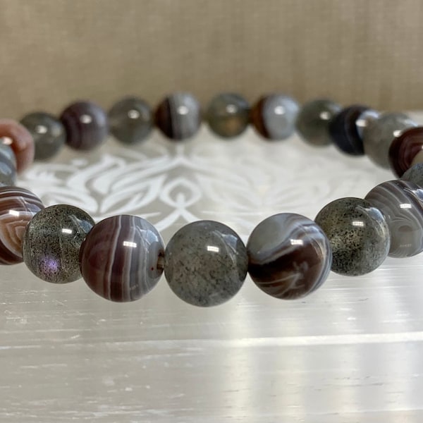 Botswana Agate and Labradorite Bead Stretch Bracelet.  Also available in Hematite.