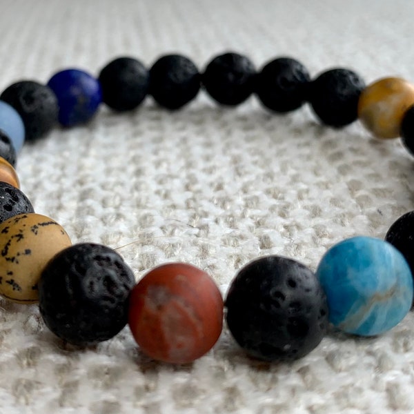 8mm/10mm Solar System with Lava Rock and Unpolished Gemstone Beads Stretch Bracelet. Now available in 10mm size in addition to the 8mm.