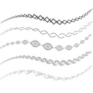 May include: A set of five black and white decorative borders, each with a different design. The borders are curved and have a whimsical, ornate style.